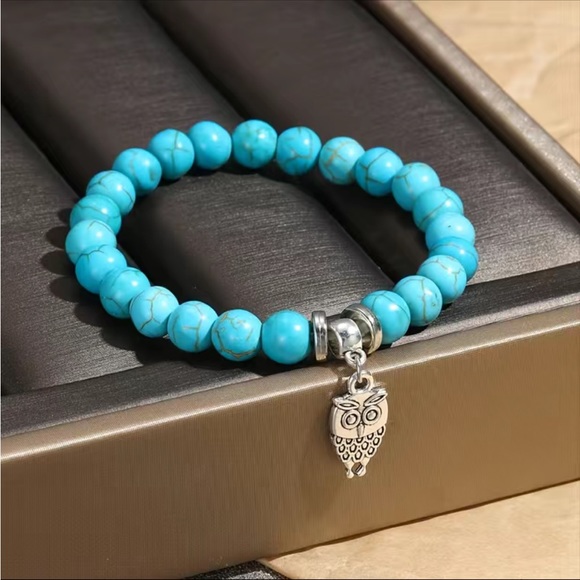 Silver Plated Owl and Turquoise Stretch Bracelet - Picture 5 of 5